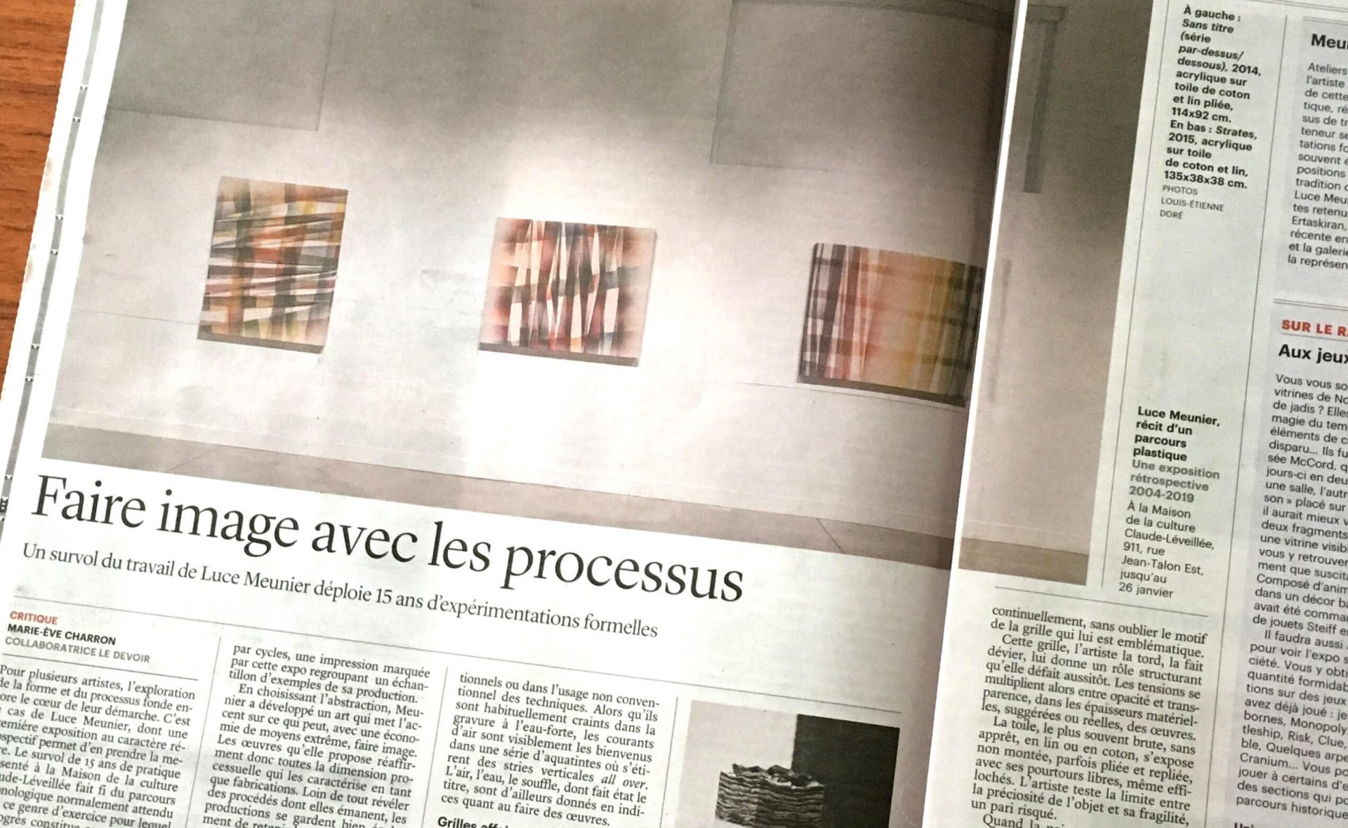 Luce Meunier, Marie-Ève Charron, Faire image avec les processus, Le Devoir, Décembre 2019 